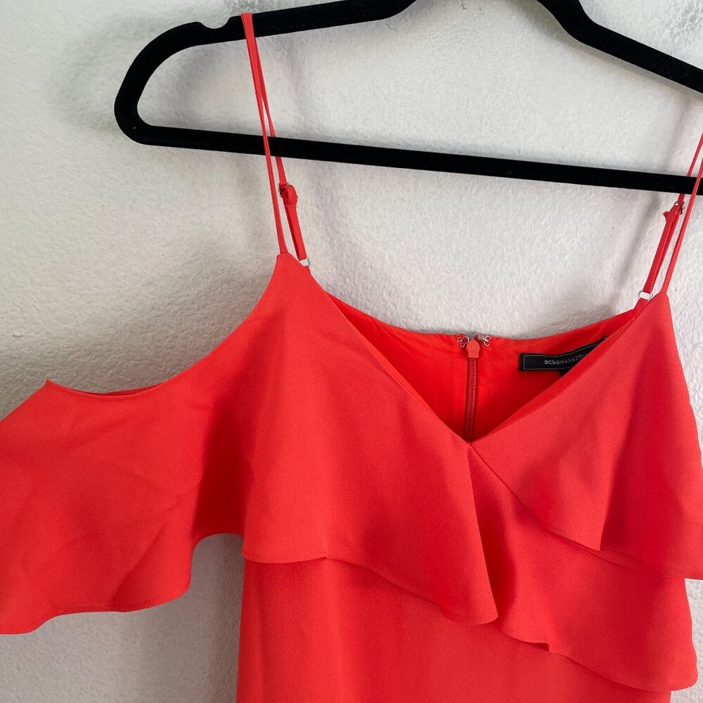 NEW BCBGMaxAzria Womens 0‎ Red Orange Spaghetti Strap Asymmetrical Ruffle Dress - Picture 9 of 11